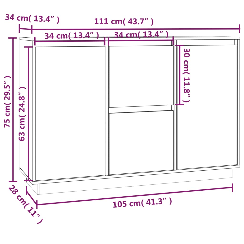 vidaXL Sideboard Schwarz 111x34x75 cm Massivholz Kiefer