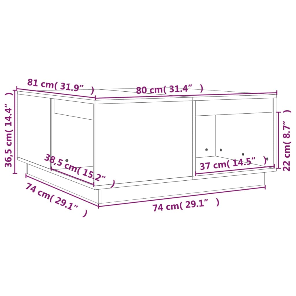 vidaXL Couchtisch Grau 80x81x36,5 cm Massivholz Kiefer