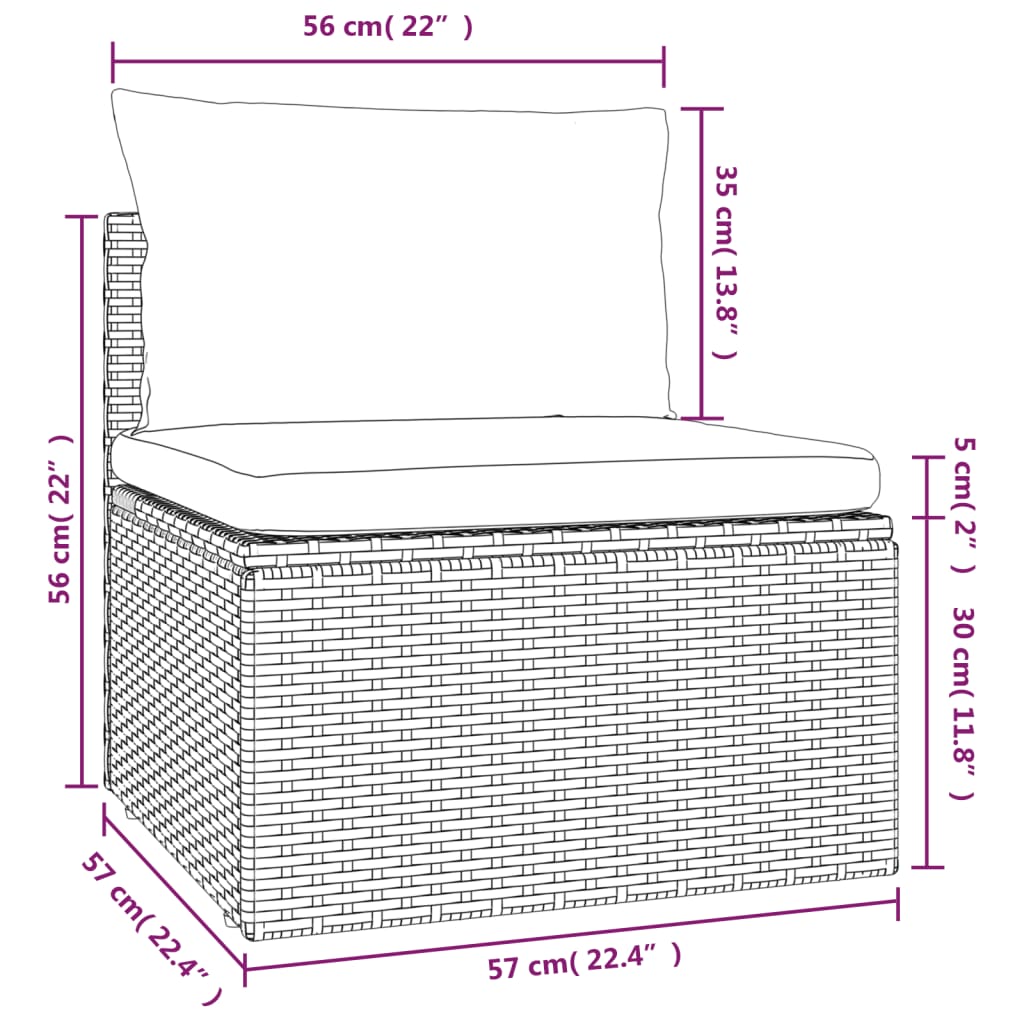 vidaXL Garten-Mittelsofa mit Kissen Grau 57x57x56 cm Poly Rattan