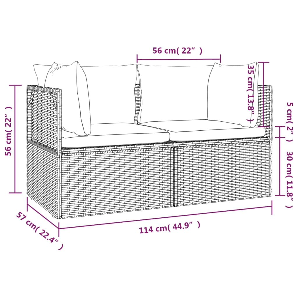 vidaXL Gartensofa 2-Sitzer mit Kissen Grau Poly Rattan