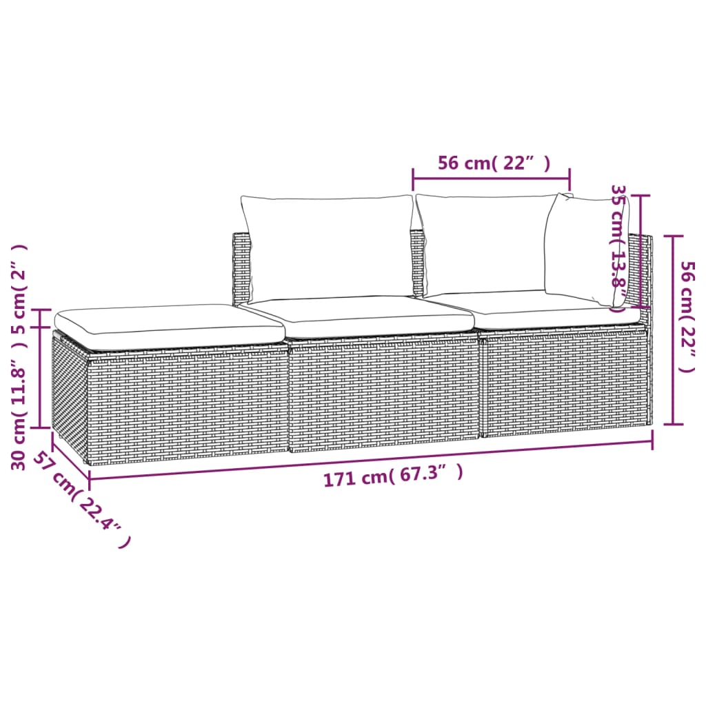 vidaXL 3-tlg. Garten-Lounge-Set mit Kissen Grau Poly Rattan