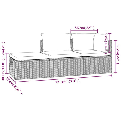 vidaXL 3-tlg. Garten-Lounge-Set mit Kissen Grau Poly Rattan