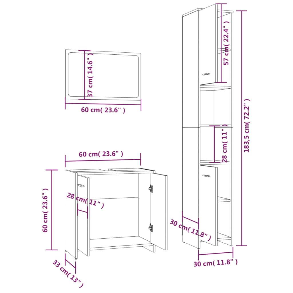 vidaXL 3-tlg. Badmöbel-Set Räuchereiche Holzwerkstoff