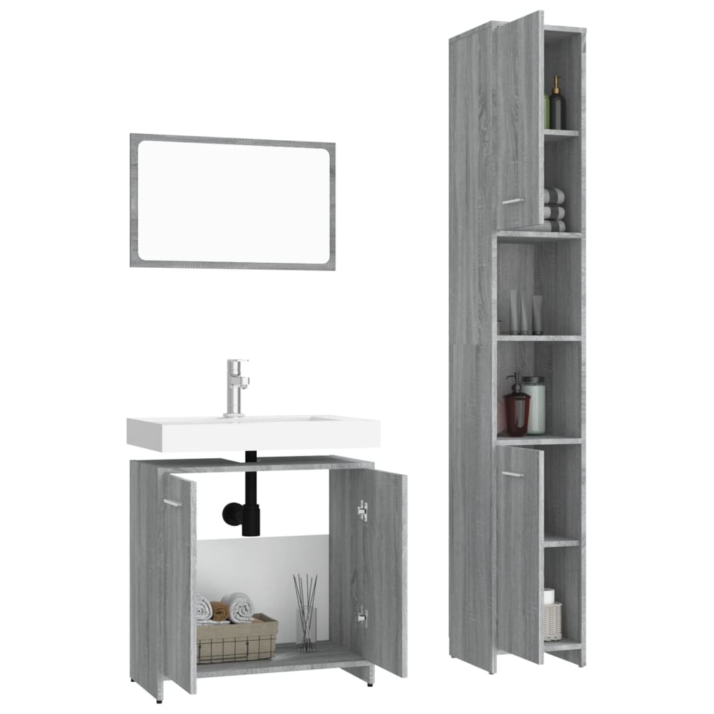 vidaXL 3-tlg. Badmöbel-Set Grau Sonoma Holzwerkstoff