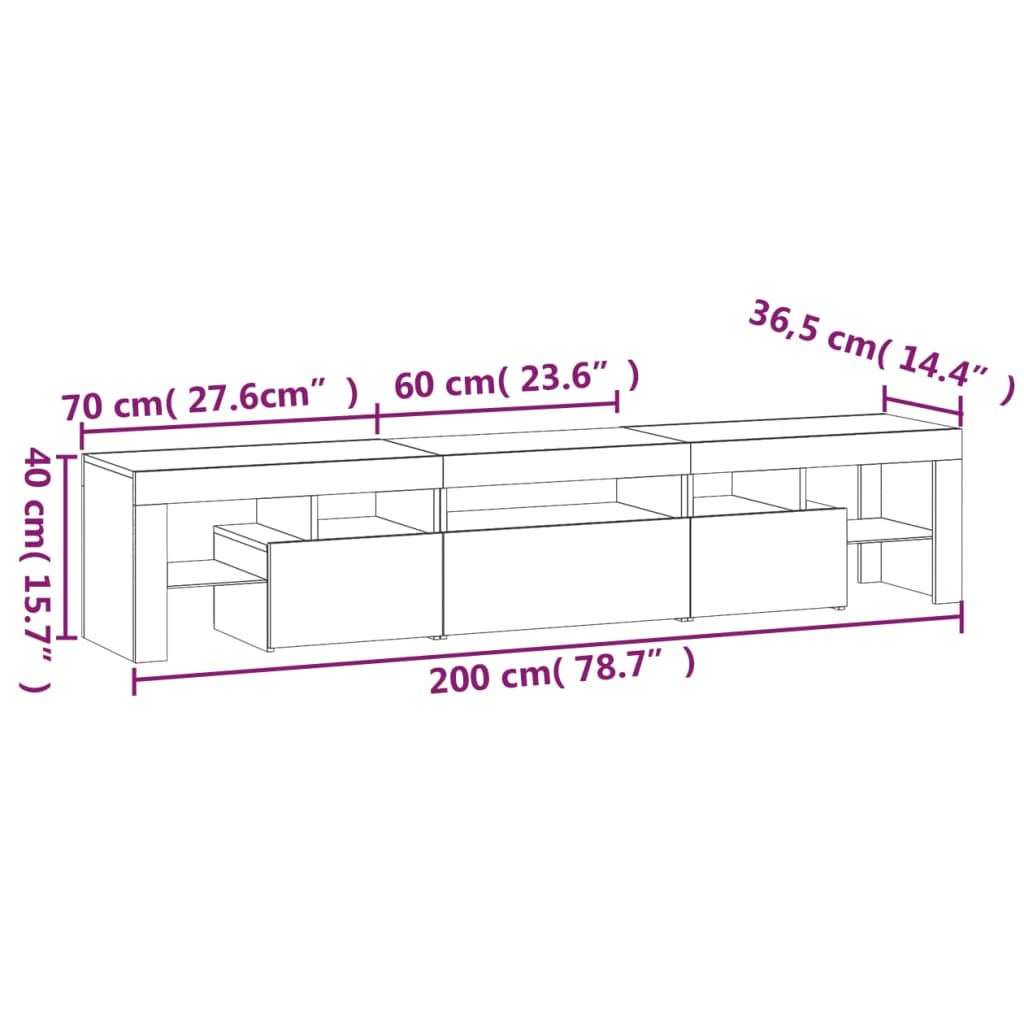 Meuble TV vidaXL avec lumières LED gris béton 200x36,5x40 cm