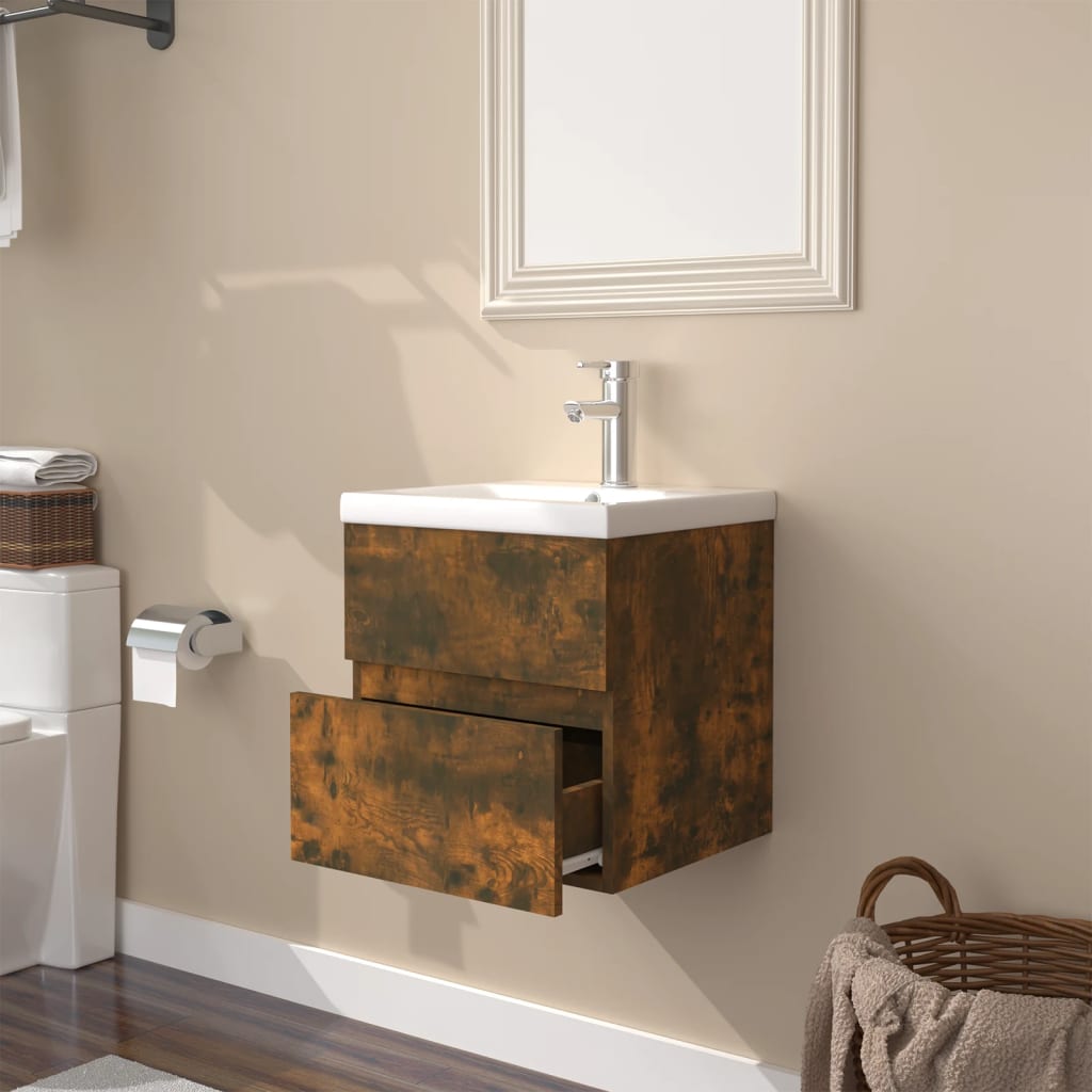 vidaXL Meuble sous-lavabo avec lavabo intégré Chêne fumé Bois d'ingénierie