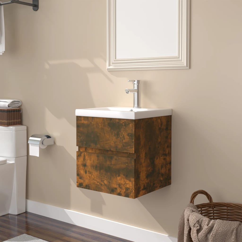 vidaXL Meuble sous-lavabo avec lavabo intégré Chêne fumé Bois d'ingénierie