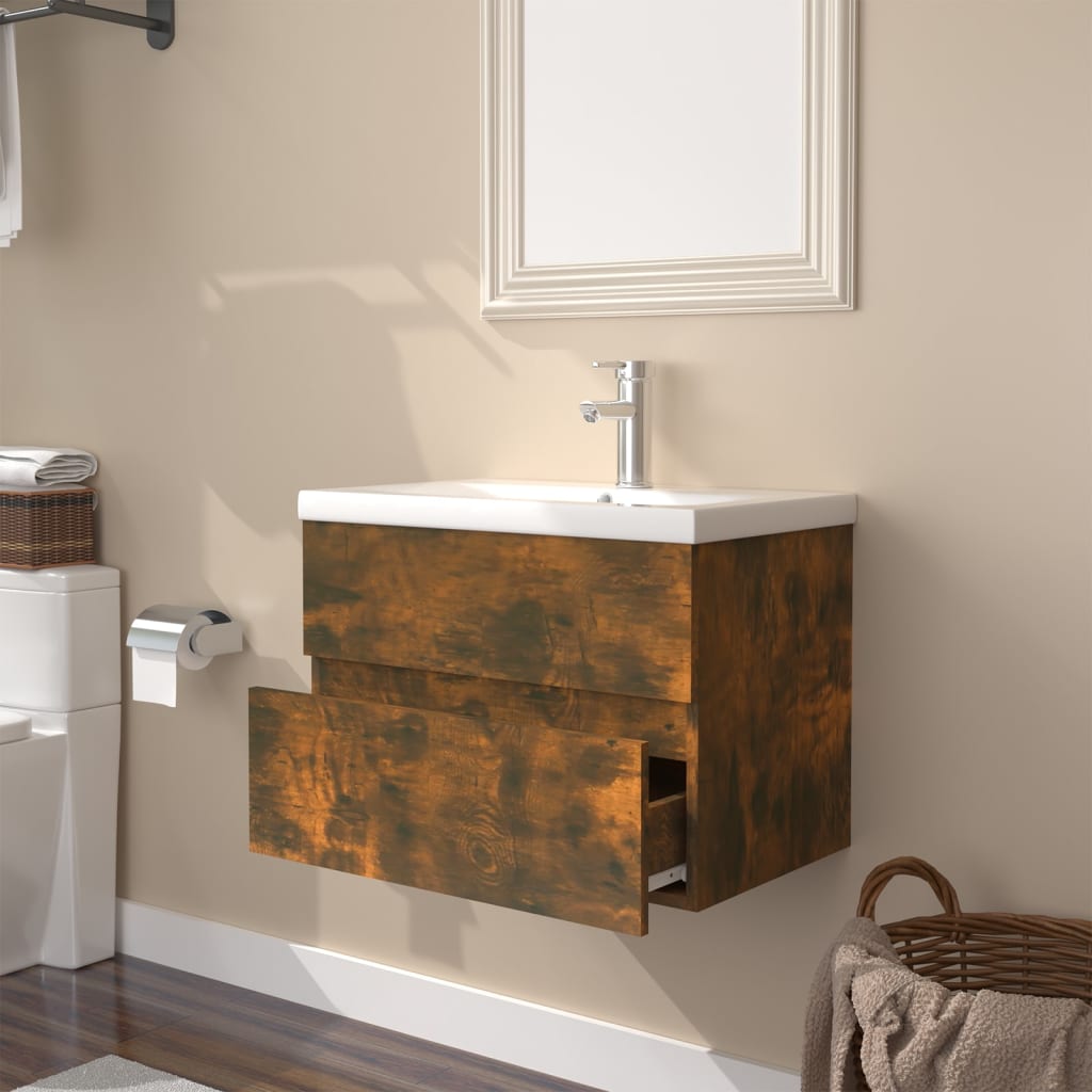 vidaXL Meuble sous-lavabo avec lavabo intégré Chêne fumé Bois d'ingénierie