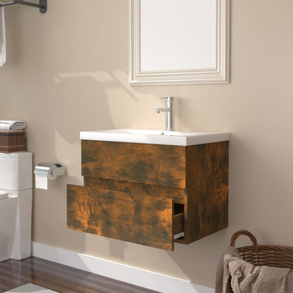 vidaXL Meuble sous-lavabo avec lavabo intégré Chêne fumé Bois d'ingénierie