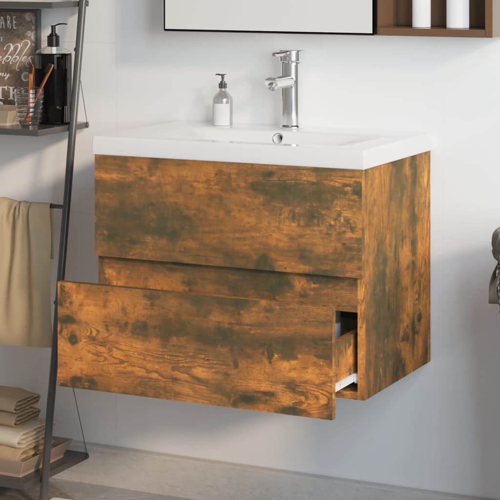vidaXL Meuble sous-lavabo avec lavabo intégré Chêne fumé Bois d'ingénierie