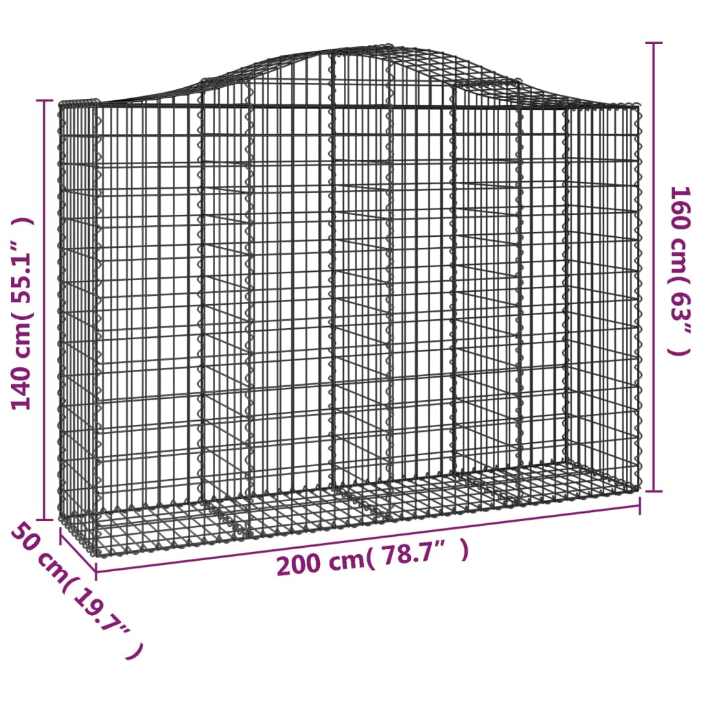 vidaXL Gabione mit Hochbogen 200x50x140/160 cm Verzinktes Eisen