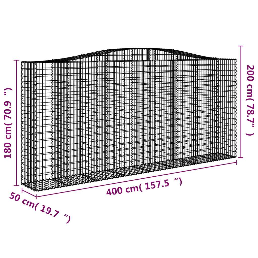 vidaXL Gabione mit Hochbogen 400x50x180/200 cm Verzinktes Eisen