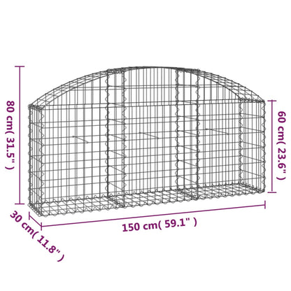 vidaXL Gabione mit Hochbogen 150x30x60/80 cm Verzinktes Eisen