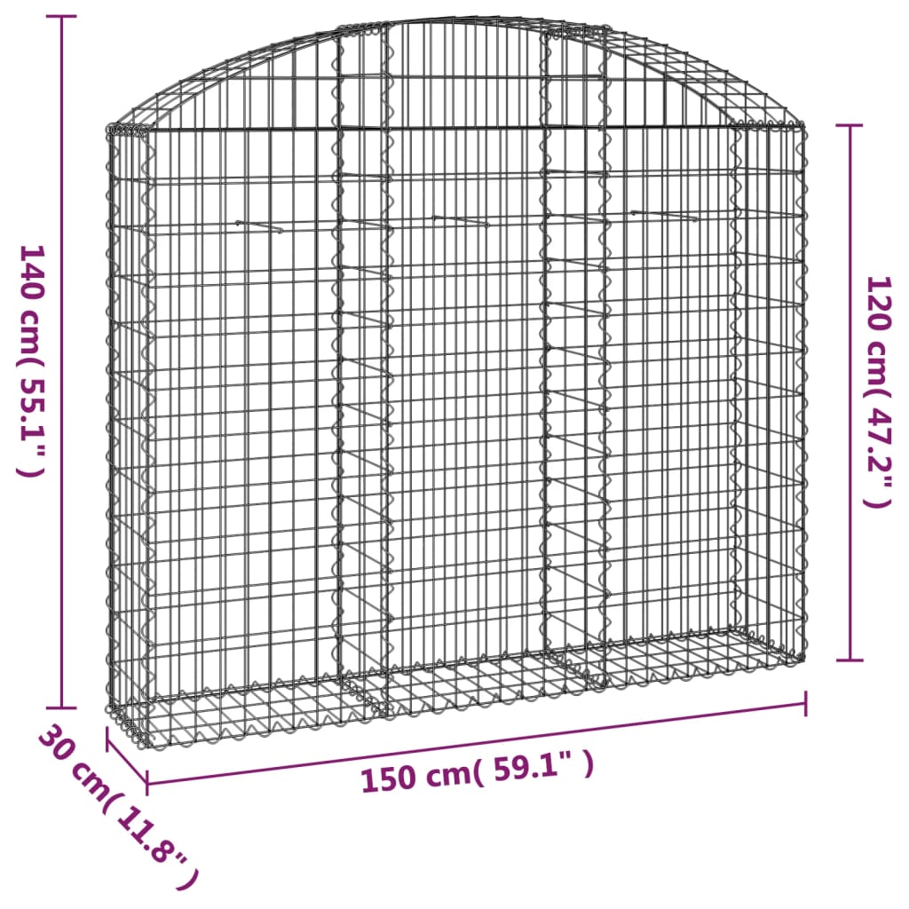 vidaXL Gabione mit Hochbogen 150x30x120/140 cm Verzinktes Eisen