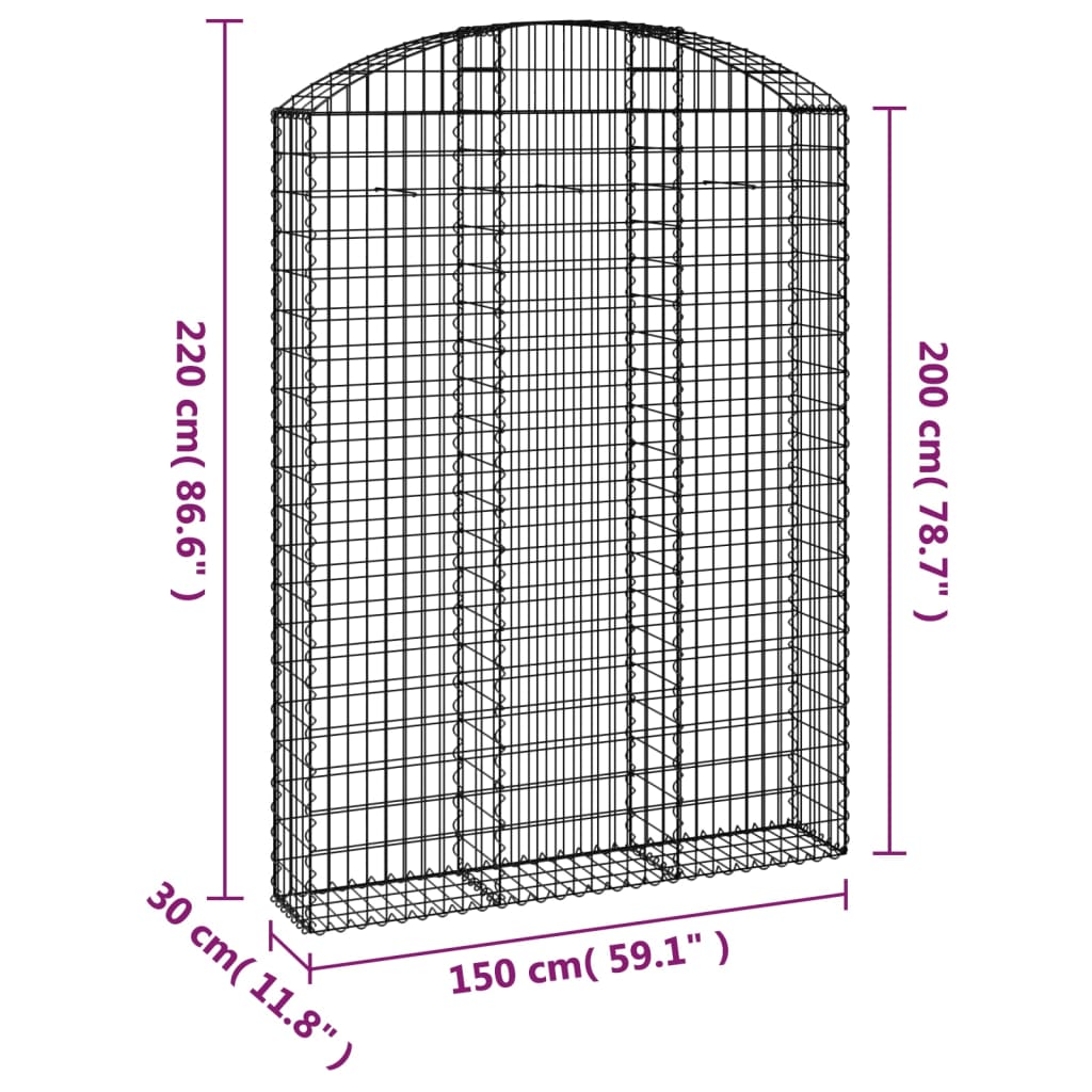 vidaXL Gabione mit Hochbogen 150x30x200/220 cm Verzinktes Eisen