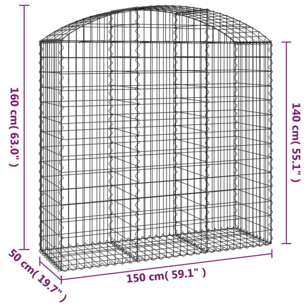 vidaXL Gabione mit Hochbogen 150x50x140/160 cm Verzinktes Eisen
