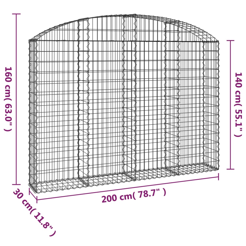 vidaXL Gabionenkorb mit Hochbogen 200x30x140/160 cm, Fer galvanisé