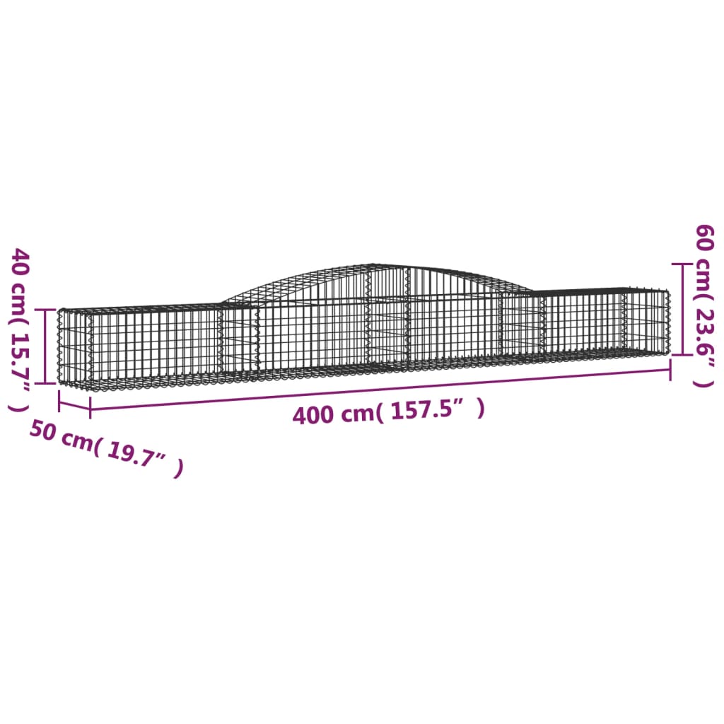 vidaXL Gabione mit Hochbogen 400x50x40/60 cm Verzinktes Eisen