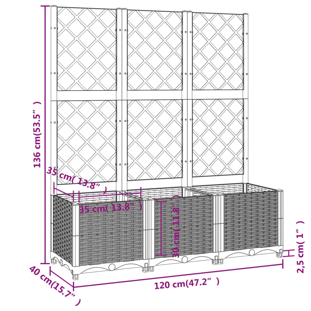 vidaXL Jardinière avec treillis Gris clair 120x40x136 cm PP