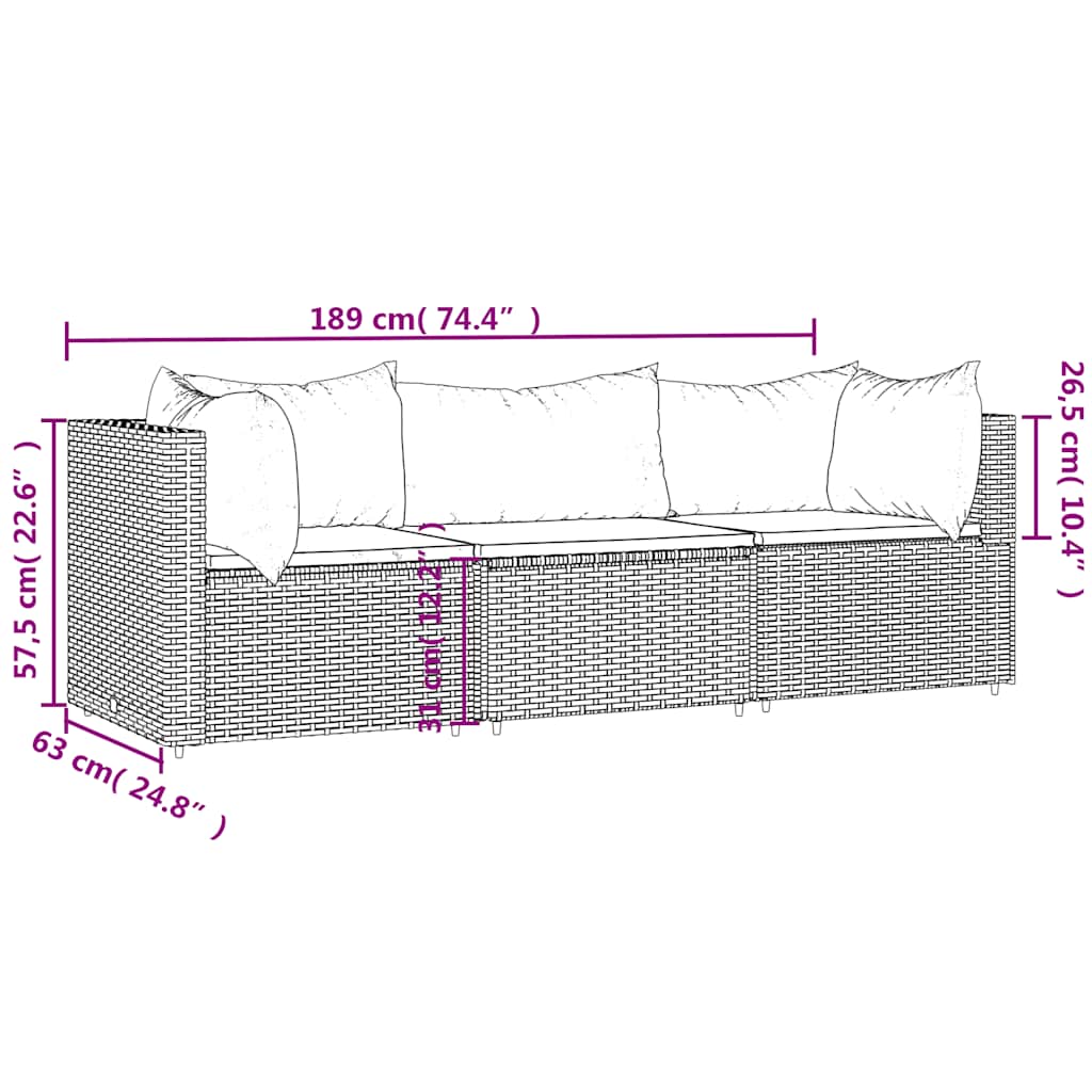 vidaXL Salon de jardin 3 pcs avec coussins marron résine tressée