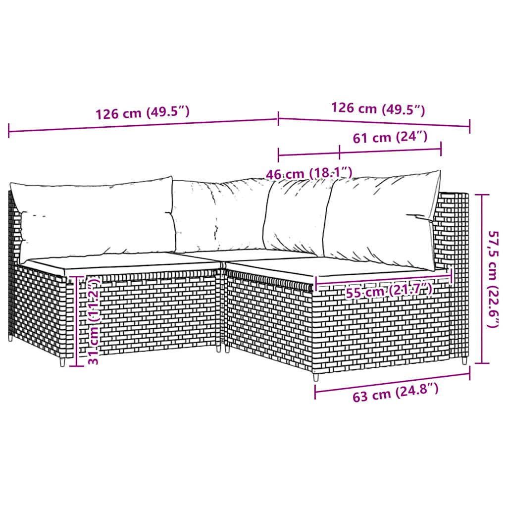 vidaXL 3-tlg. Garten-Lounge-Set mit Kissen Grau Poly Rattan