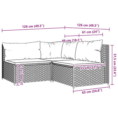 vidaXL 3-tlg. Garten-Lounge-Set mit Kissen Grau Poly Rattan