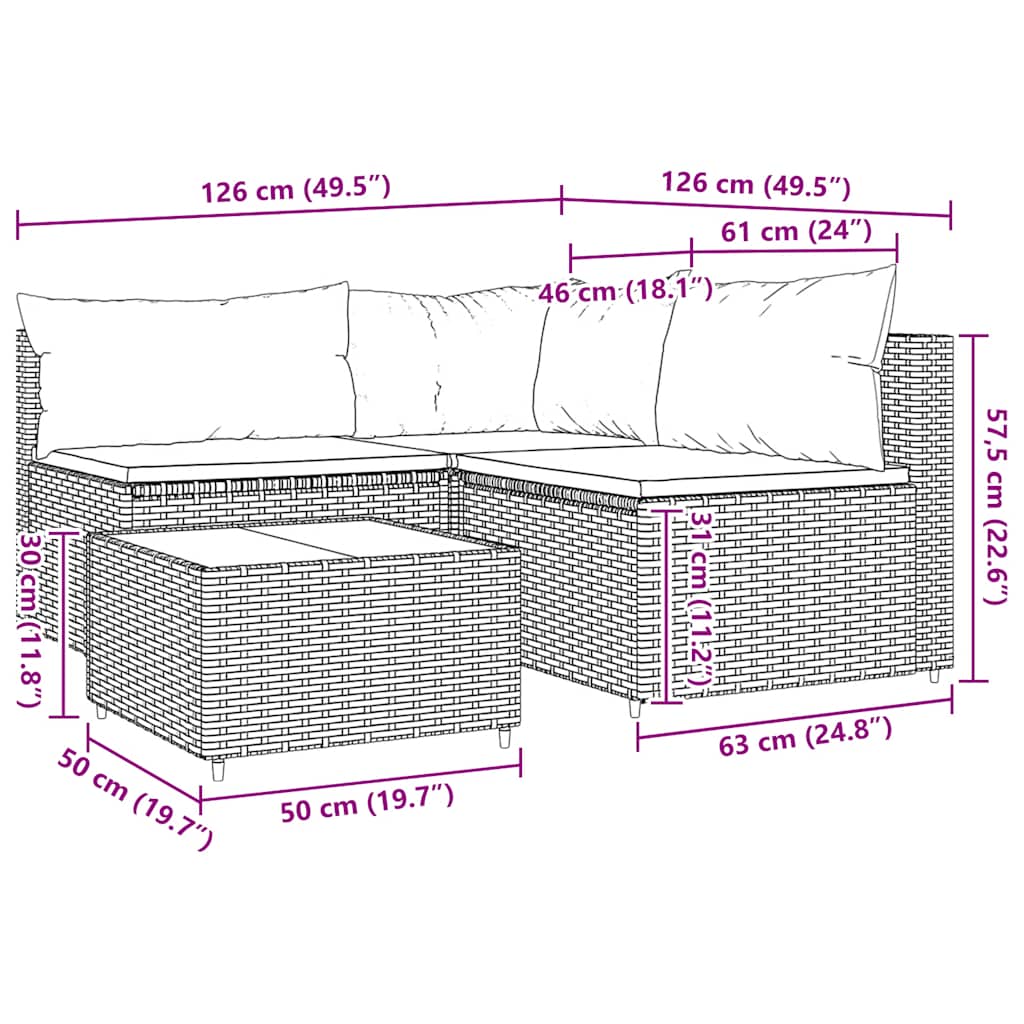 vidaXL Salon de jardin 4 pcs avec coussins Gris Résine tressée