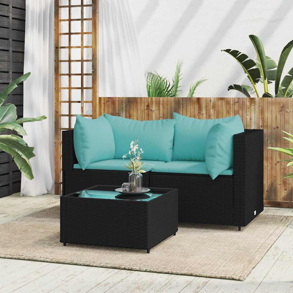 vidaXL Ensemble de salon de jardin 3 pcs avec coussins Noir Résine tressée