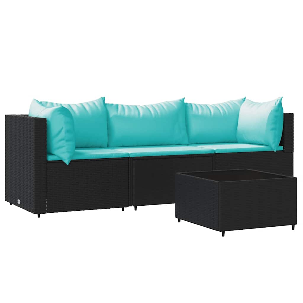 vidaXL Salon de jardin 4 pcs avec coussins Noir Résine tressée