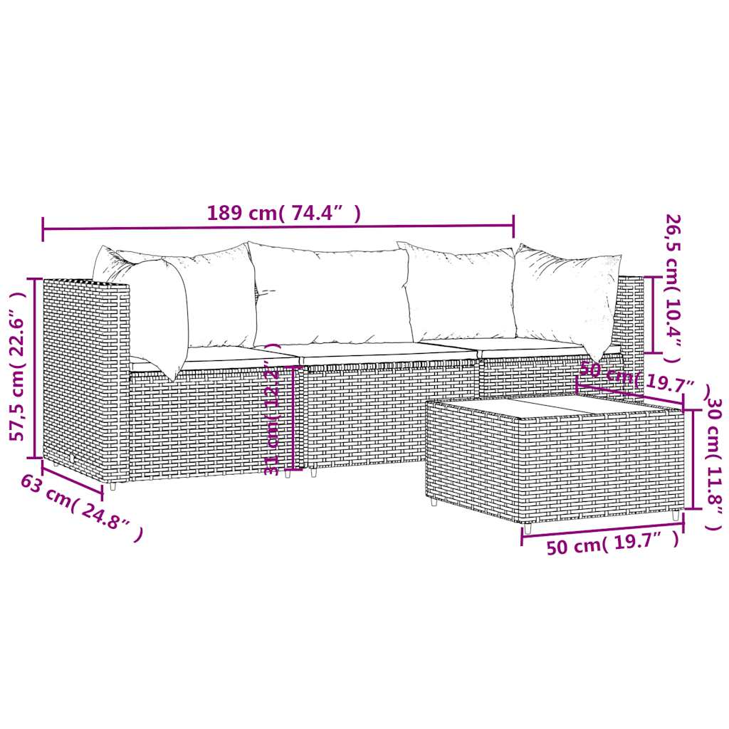 vidaXL Salon de jardin 4 pcs avec coussins Noir Résine tressée