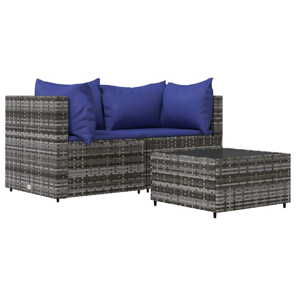 vidaXL Salon de jardin 3 pièces avec coussins Résine tressée Gris