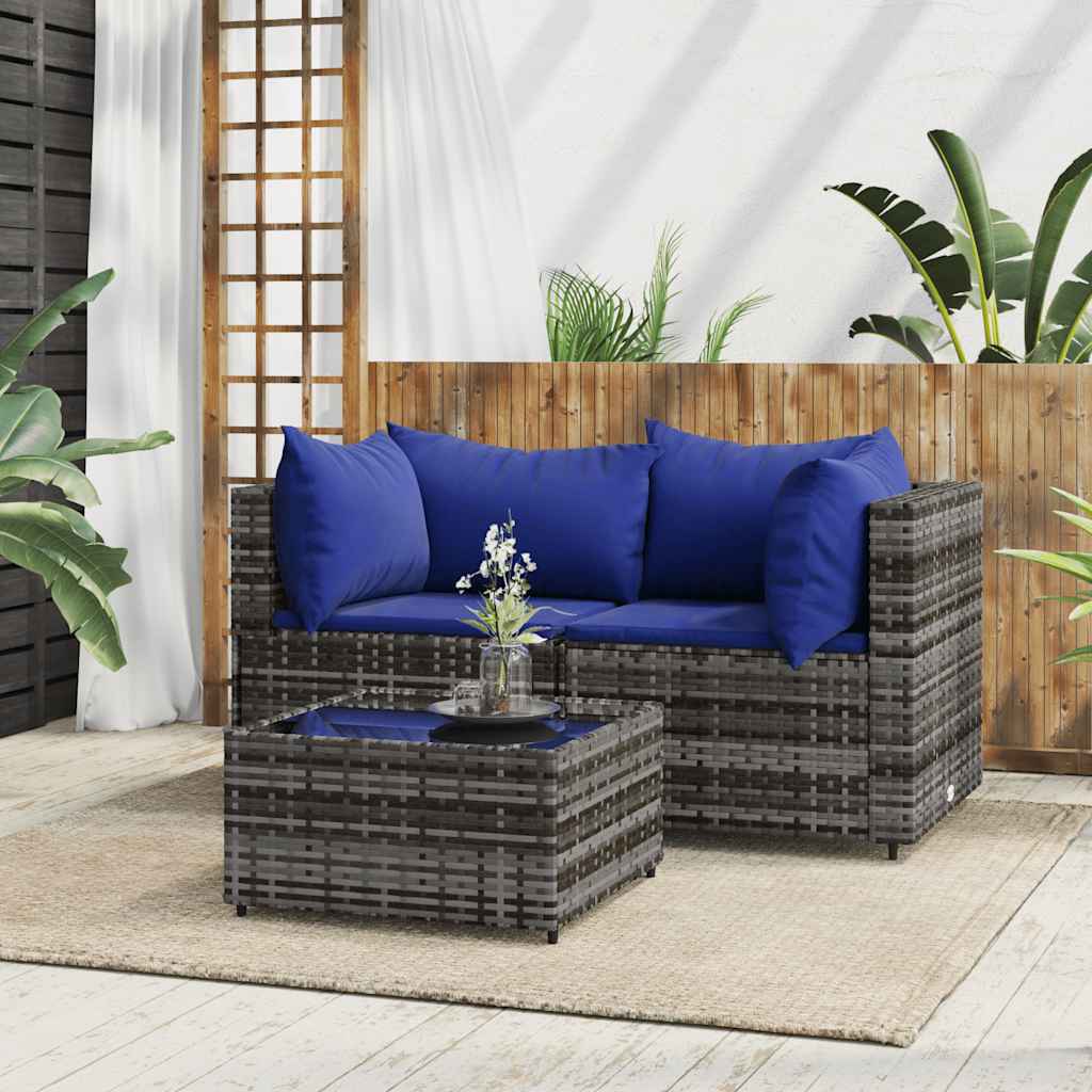 vidaXL Salon de jardin 3 pièces avec coussins Résine tressée Gris