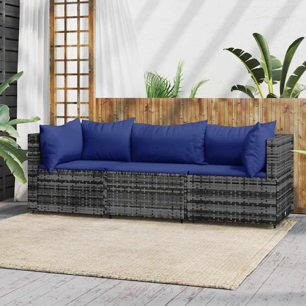 vidaXL Salon de jardin 3 pièces avec coussins Résine tressée Gris