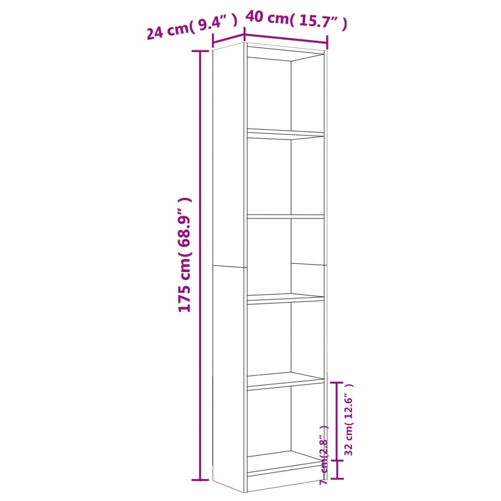 vidaXL Bücherregal 5 Fächer Braun Eiche 40x24x175 cm Holzwerkstoff