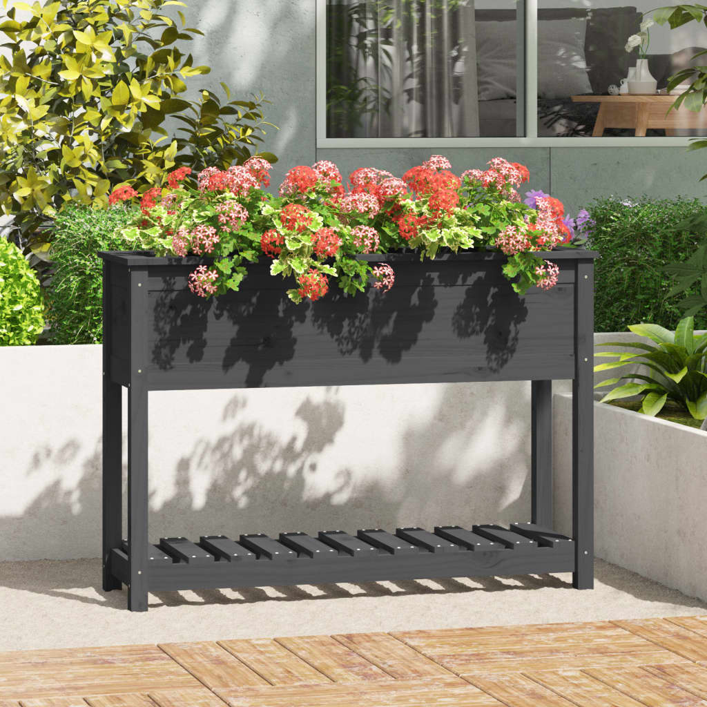 vidaXL Jardinière avec étagère Gris 111,5x34,5x81 cm Bois de pin massif
