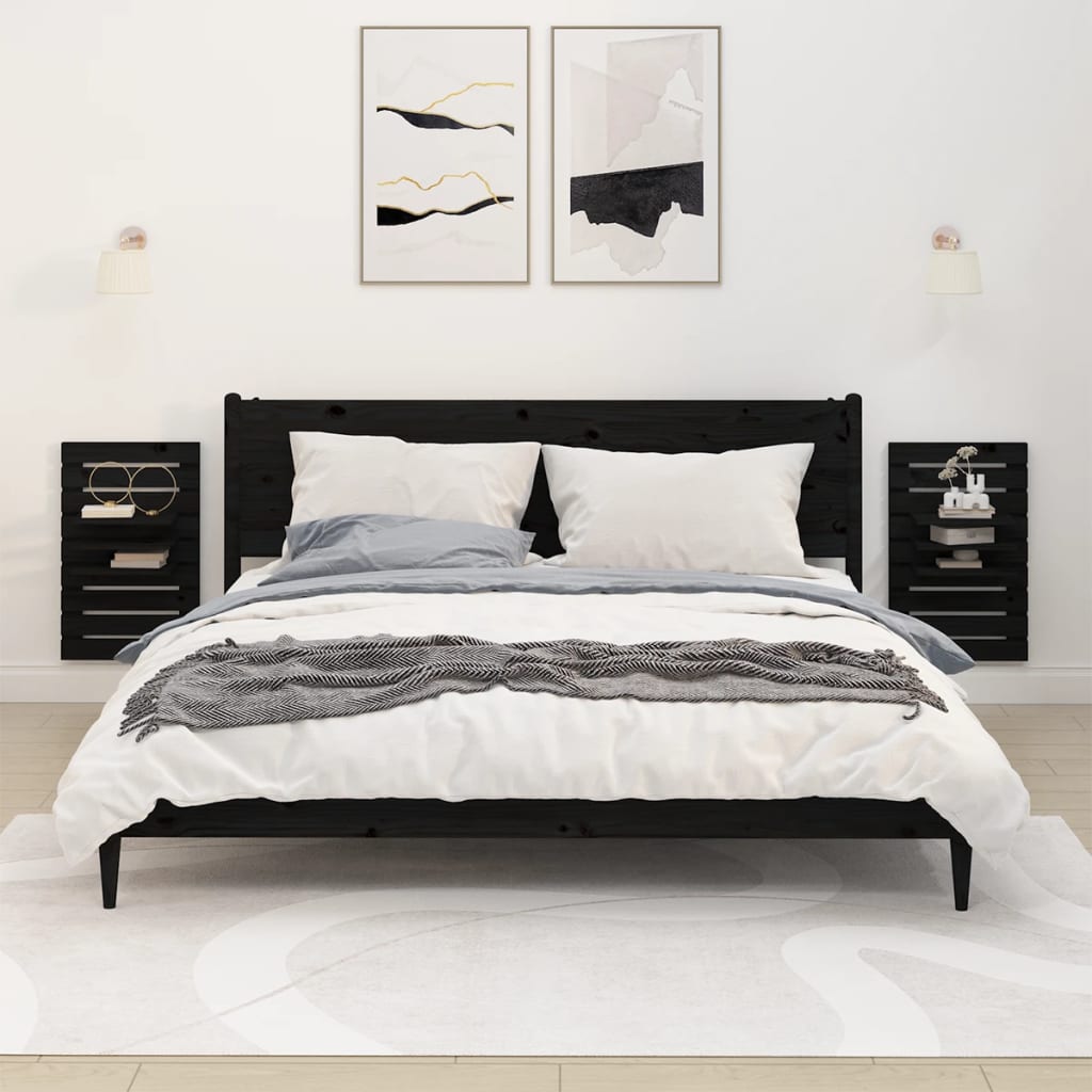 vidaXL Tables de chevet murales 2 pcs Noir Bois de pin massif