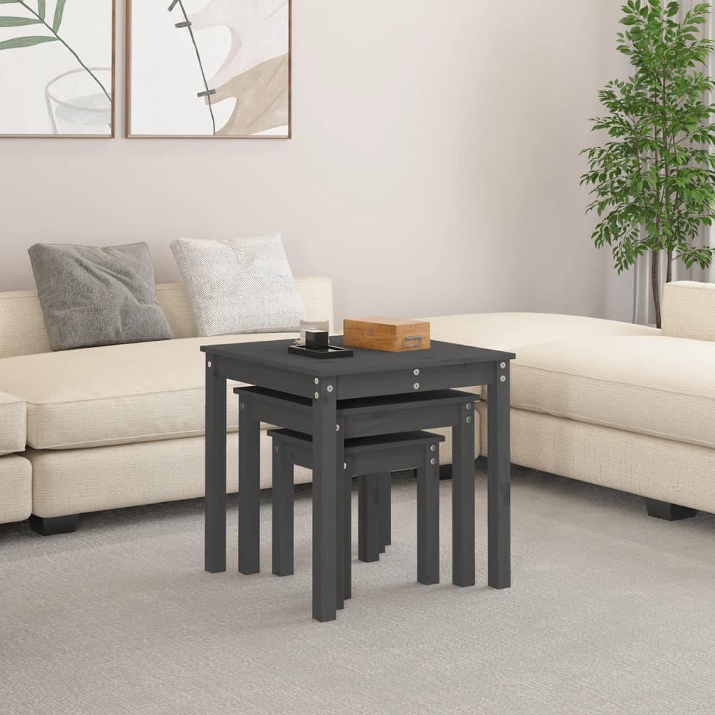 vidaXL Tables gigognes 3 pcs Gris Pin massif