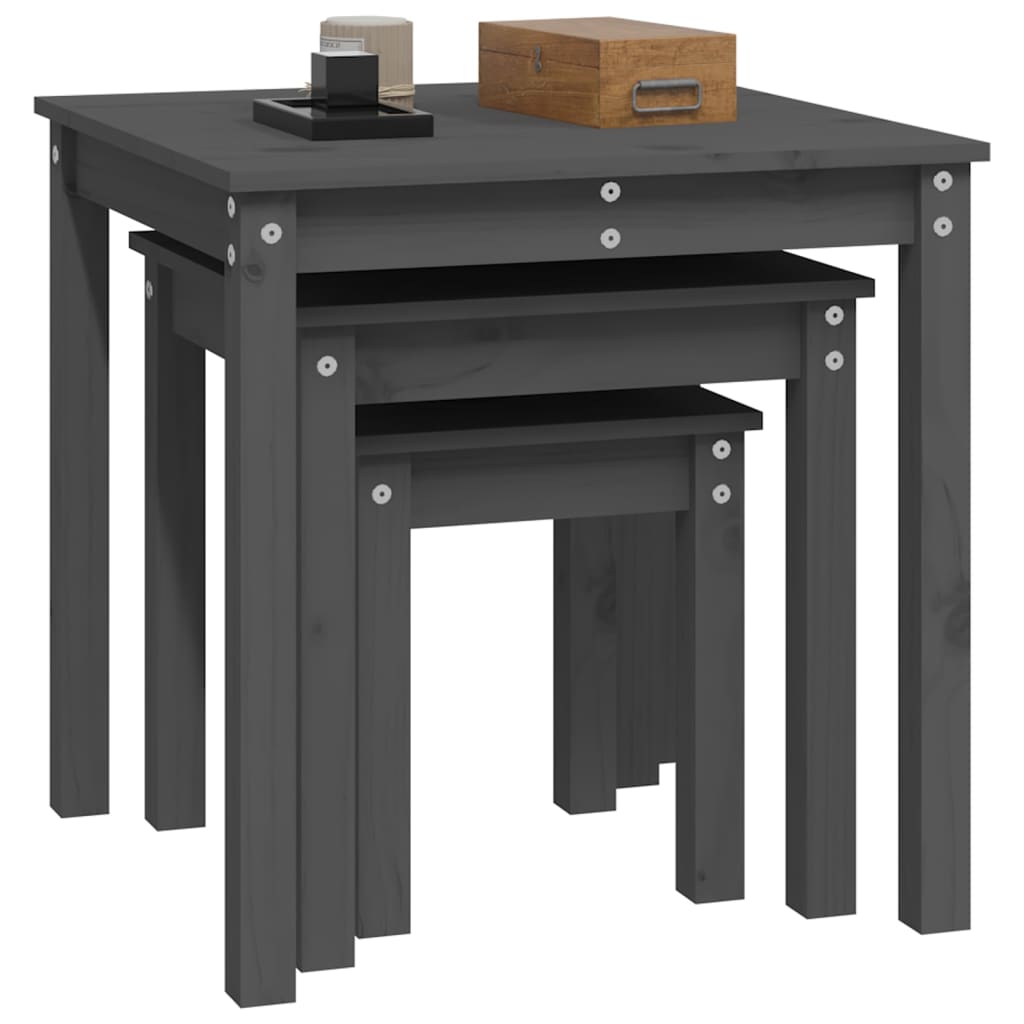 vidaXL Tables gigognes 3 pcs Gris Pin massif