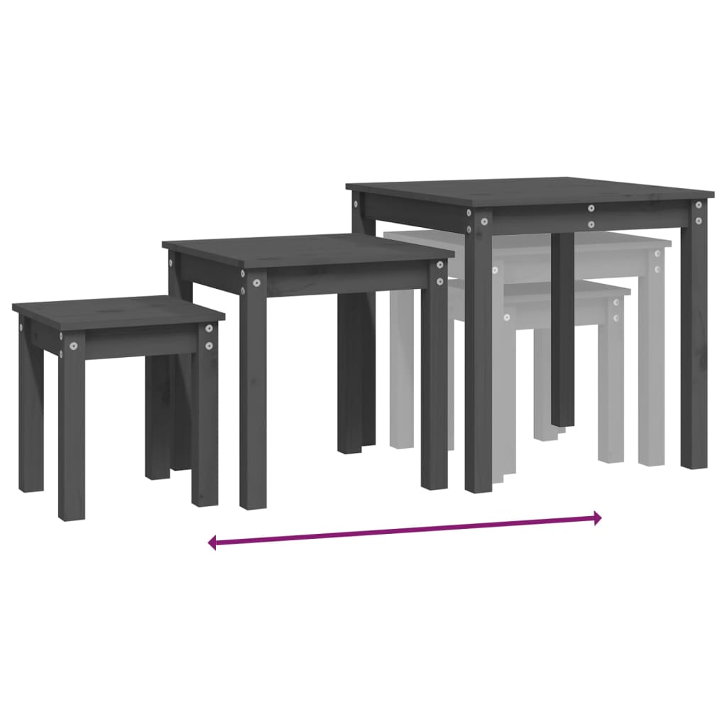 vidaXL Tables gigognes 3 pcs Gris Pin massif