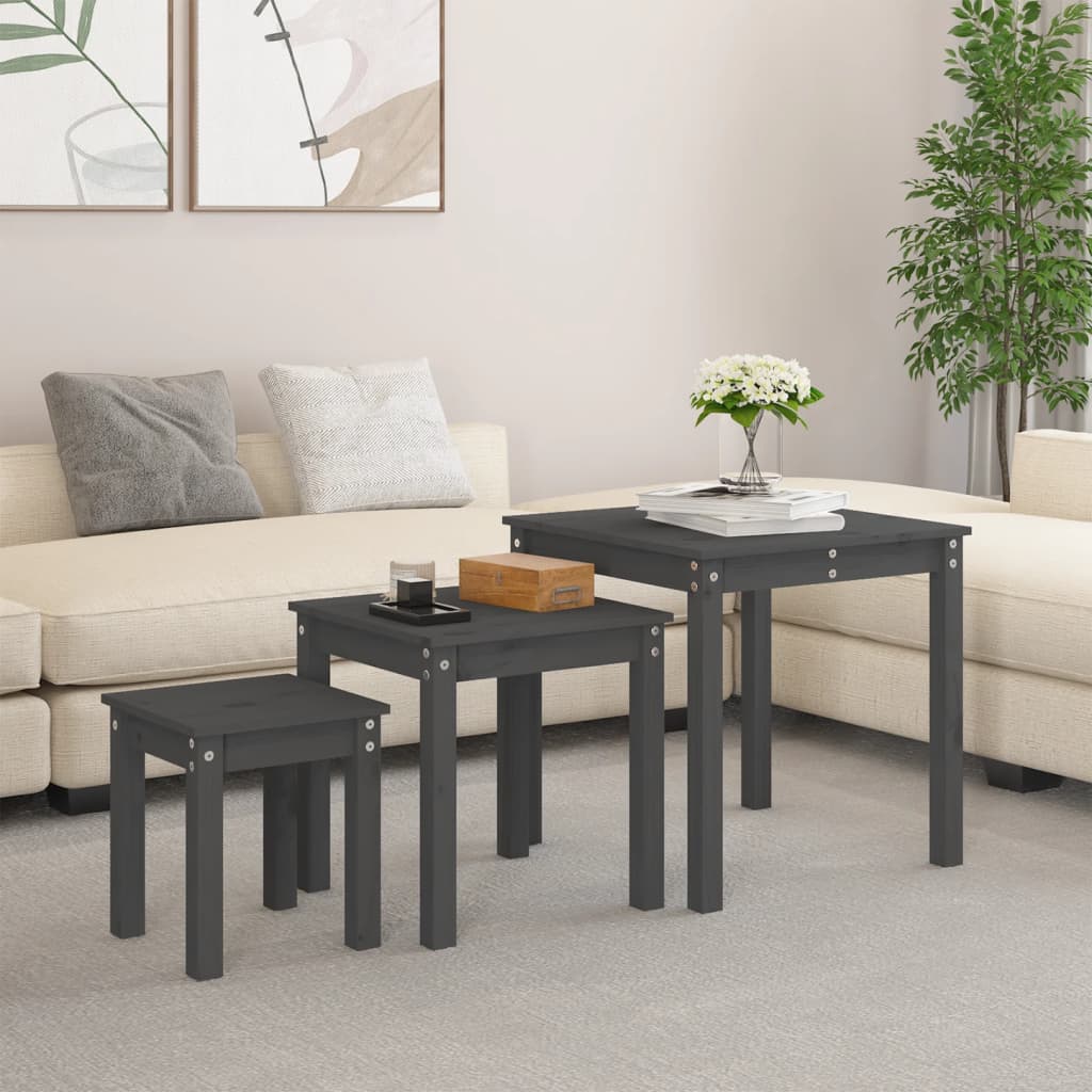 vidaXL Tables gigognes 3 pcs Gris Pin massif