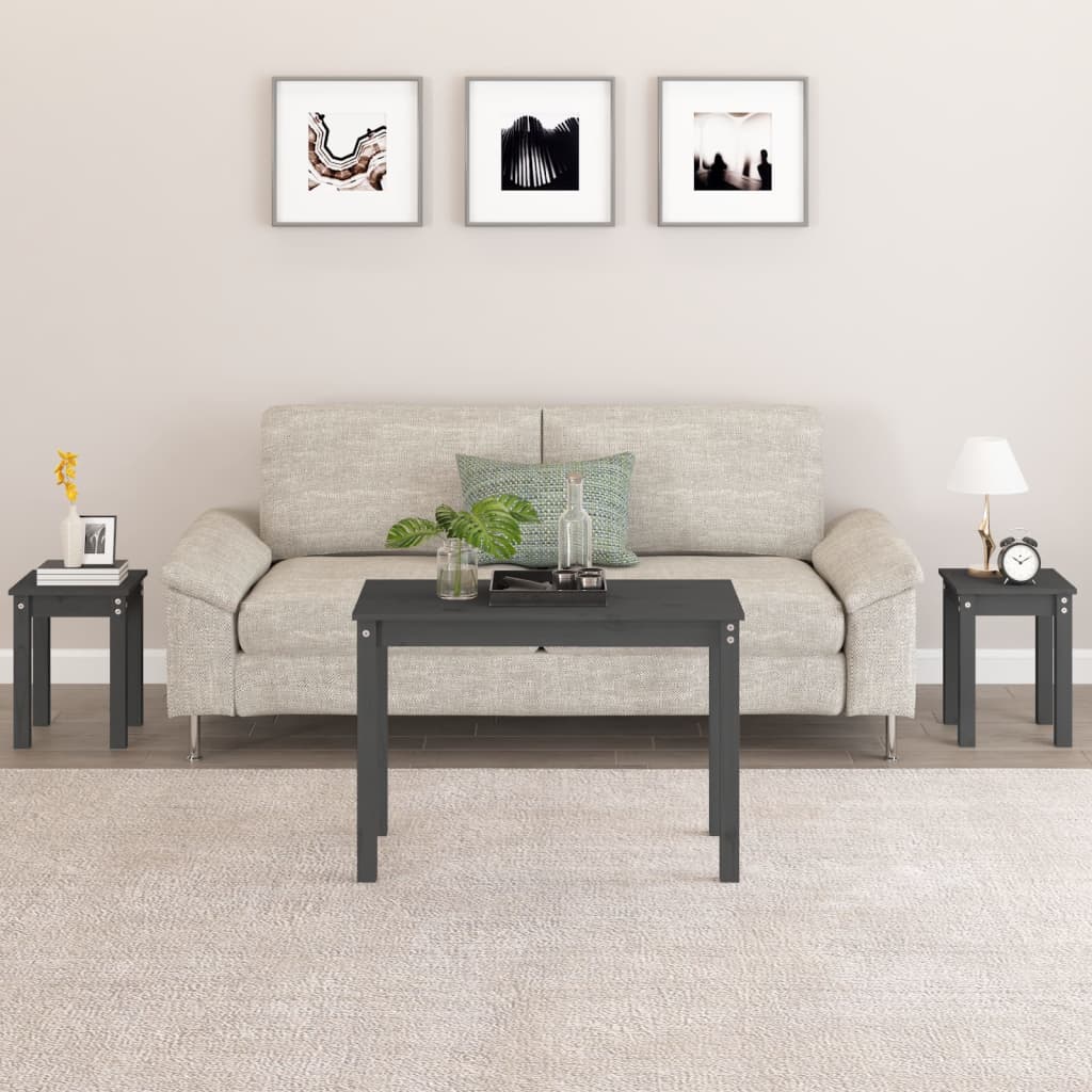 vidaXL Tables gigognes 3 pcs Gris Pin massif