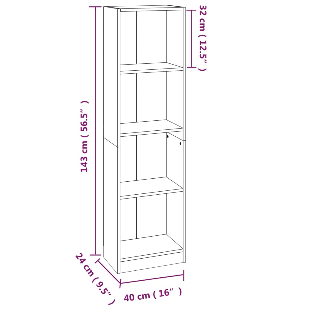 vidaXL Bücherregal 4 Fächer Braun Eichen-Optik 40x24x143 cm