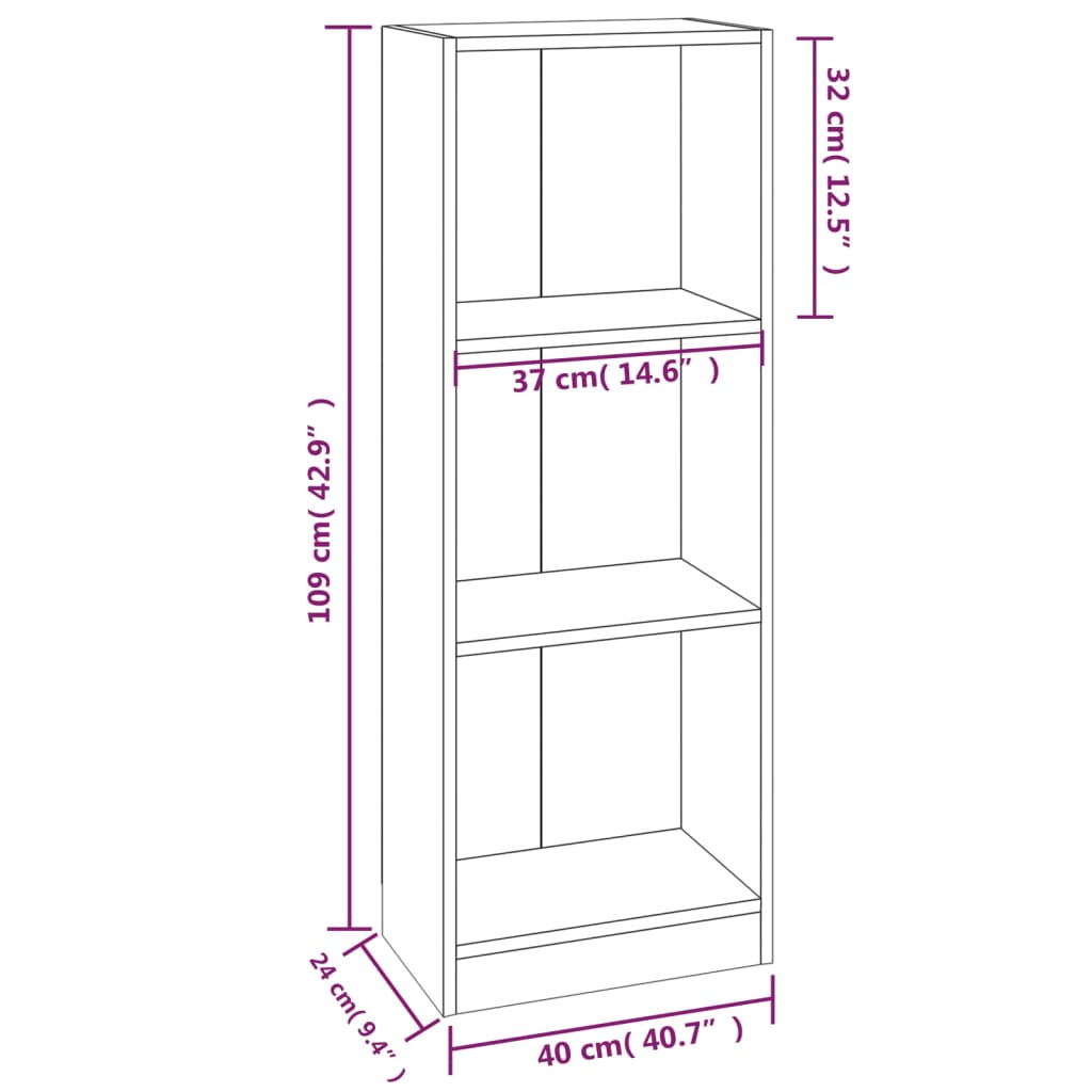 vidaXL Bücherregal 3 Fächer Braun Eichen-Optik 40x24x109 cm