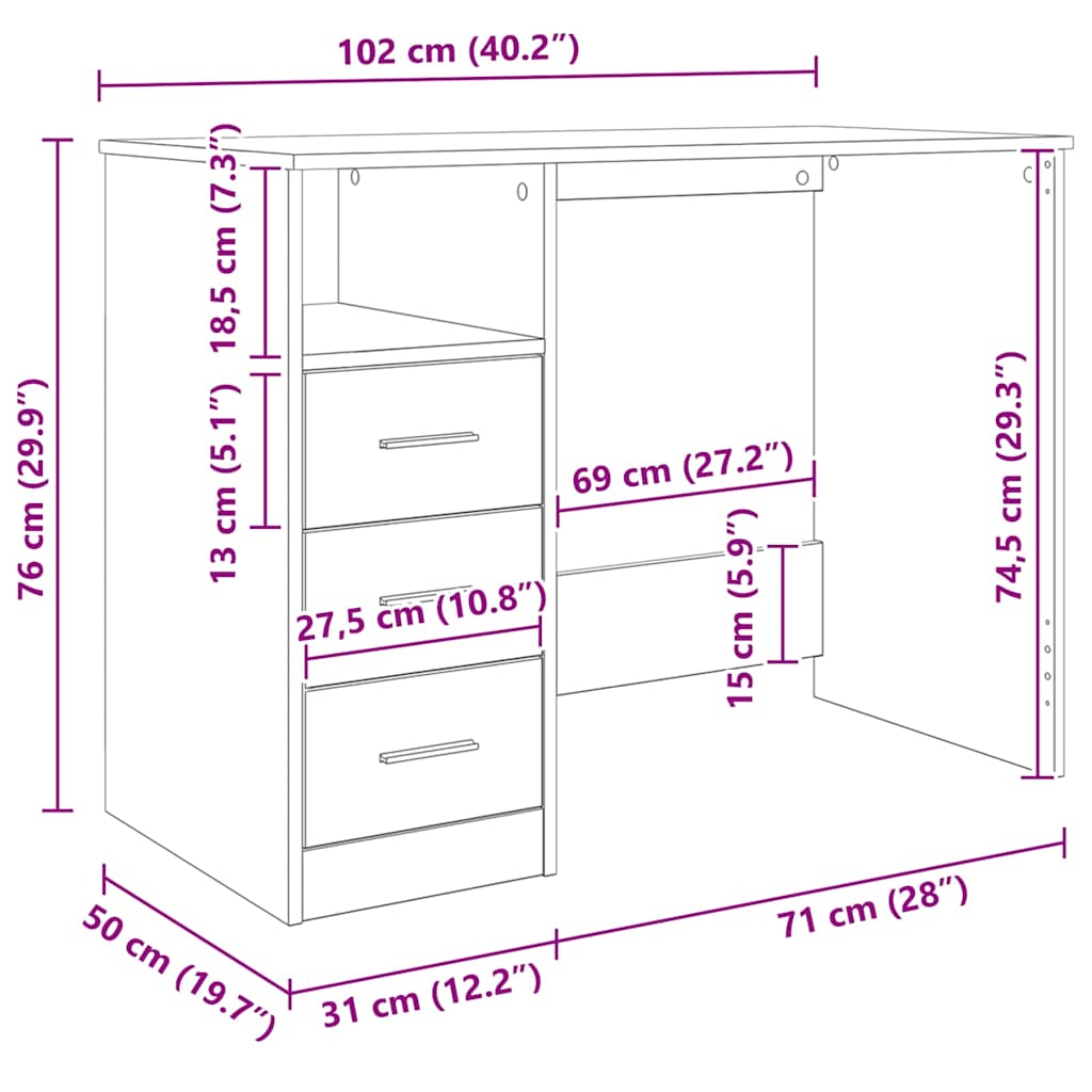 vidaXL Schreibtisch mit Schubladen Räuchereiche 102x50x76 cm
