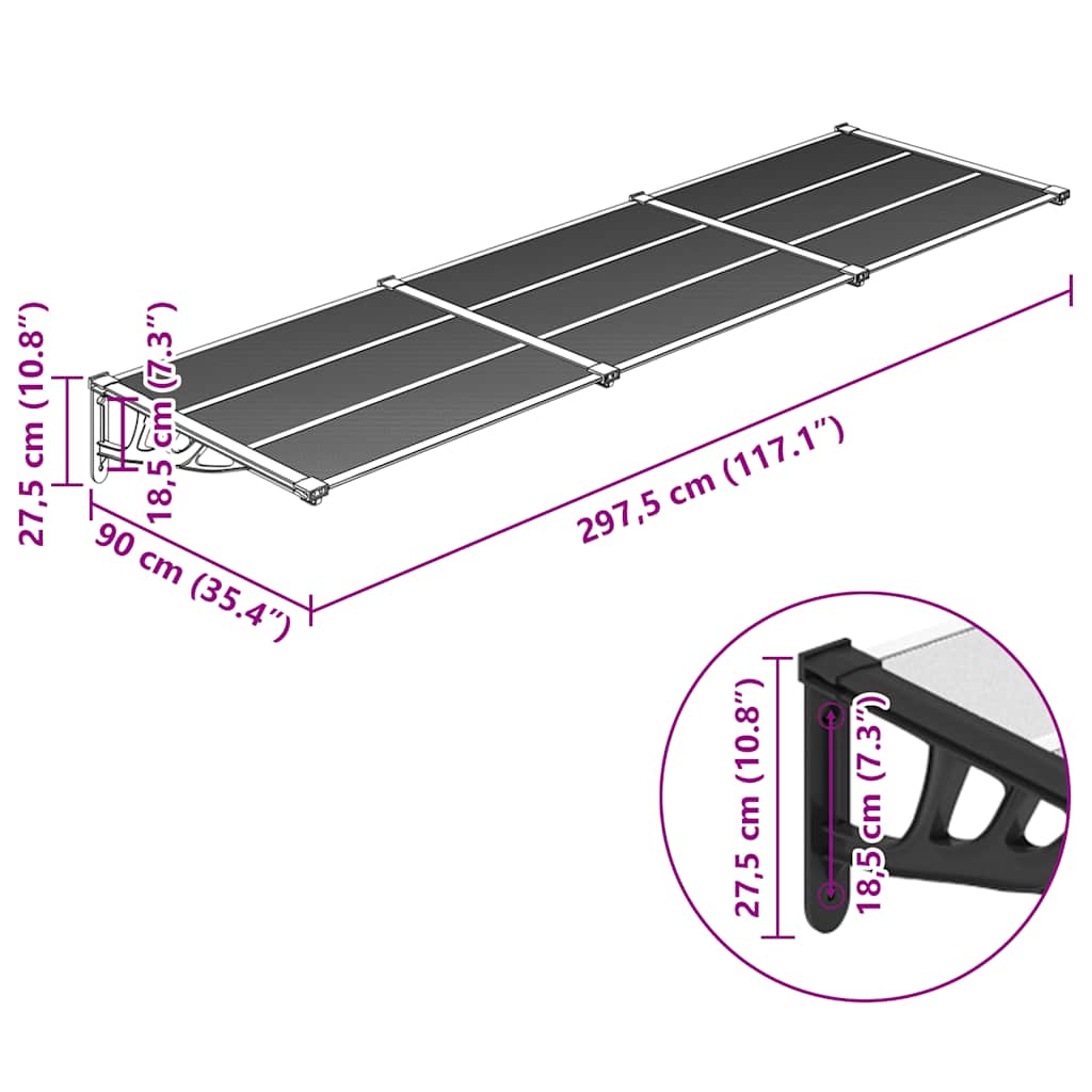 vidaXL Türvordach Schwarz und Transparent 297,5x90 cm Polycarbonat