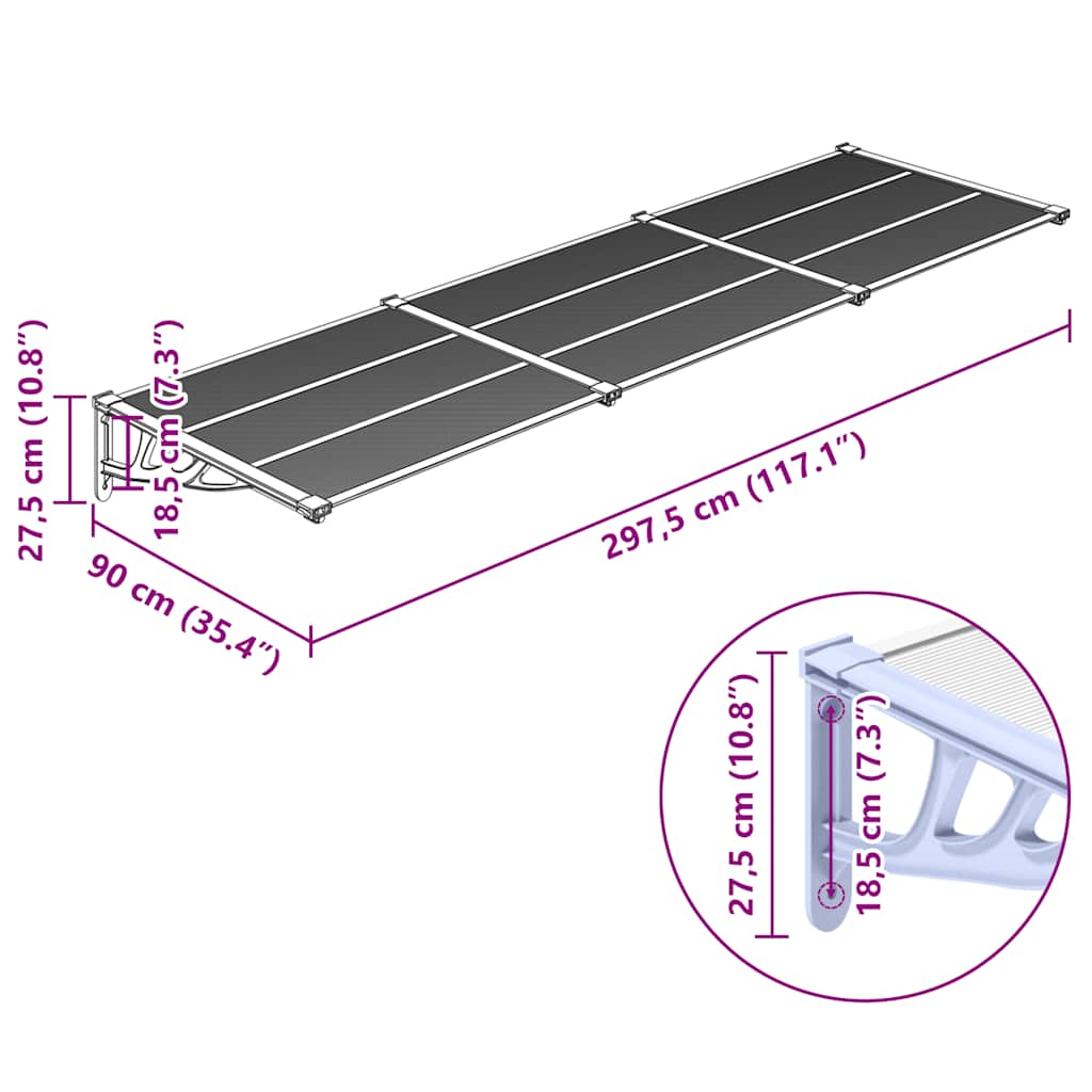 vidaXL Türvordach Grau und Transparent 297,5x90 cm Polycarbonat