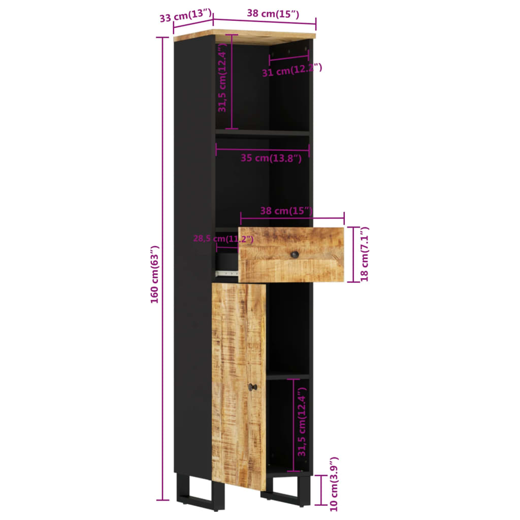 vidaXL Badschrank 38x33x160 cm Massivholz Mango