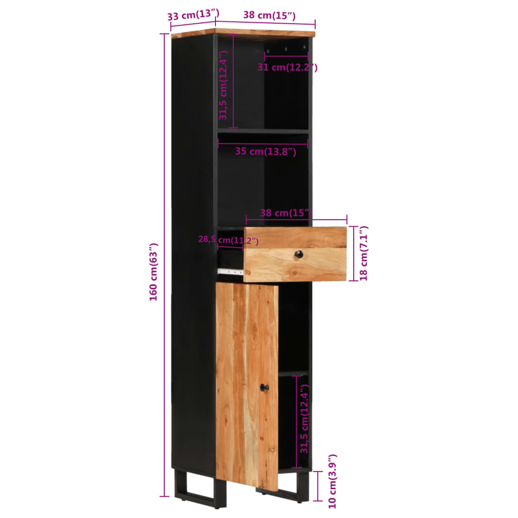 vidaXL Badschrank 38x33x160 cm Massivholz Akazie