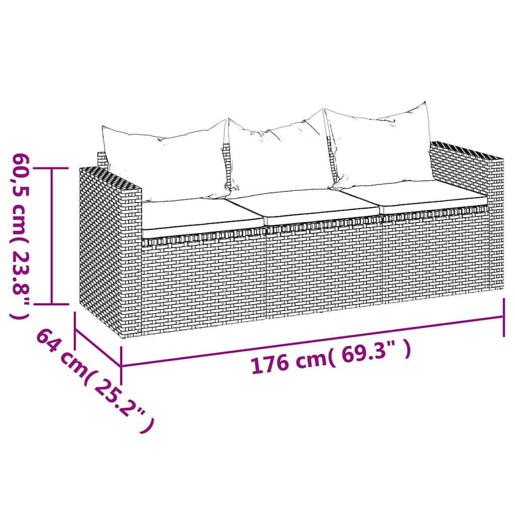 vidaXL Canapé de jardin 3 places avec coussins Noir Résine tressée