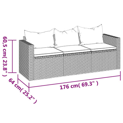 vidaXL Canapé de jardin 3 places avec coussins Noir Résine tressée